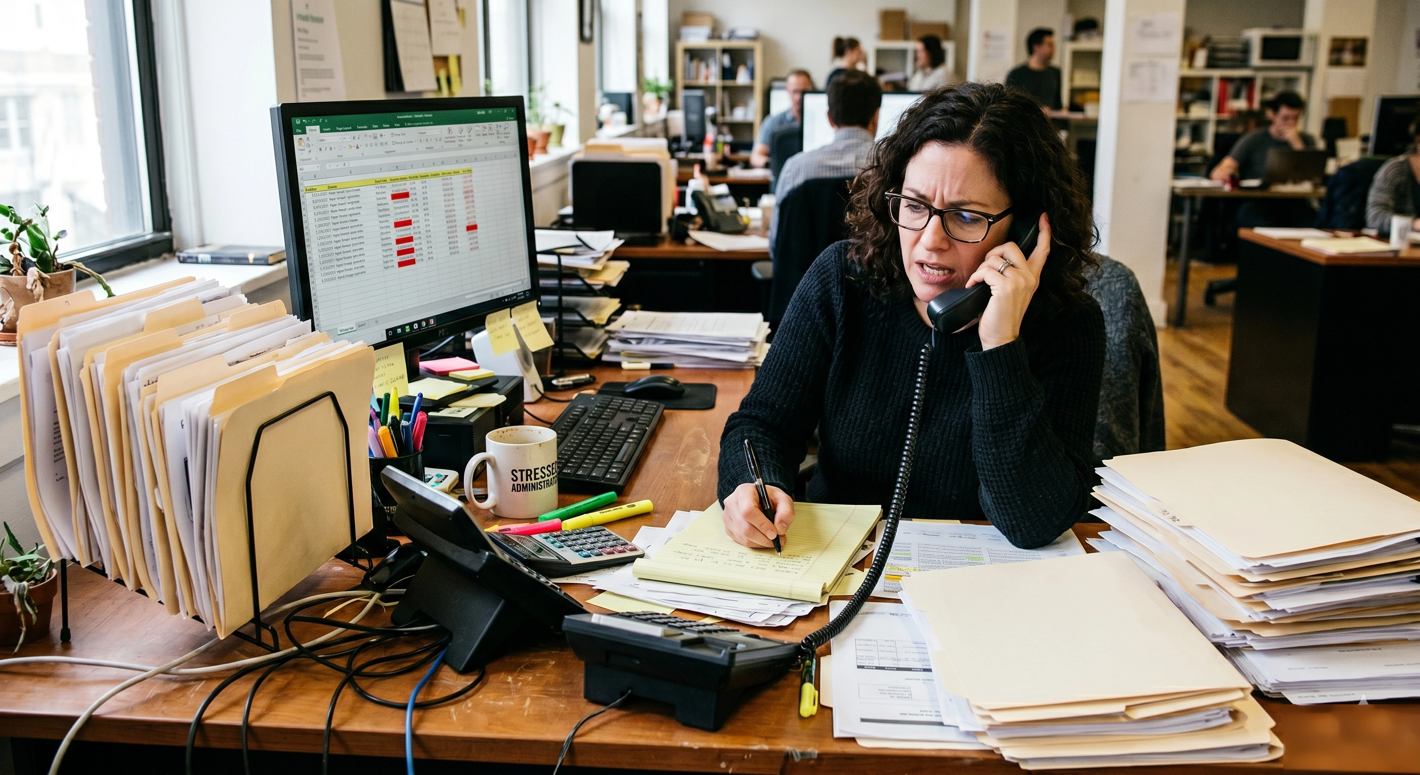 A messy desk with folders, sticky note reminders, and a phone call being made, conveying fragile manual admin.