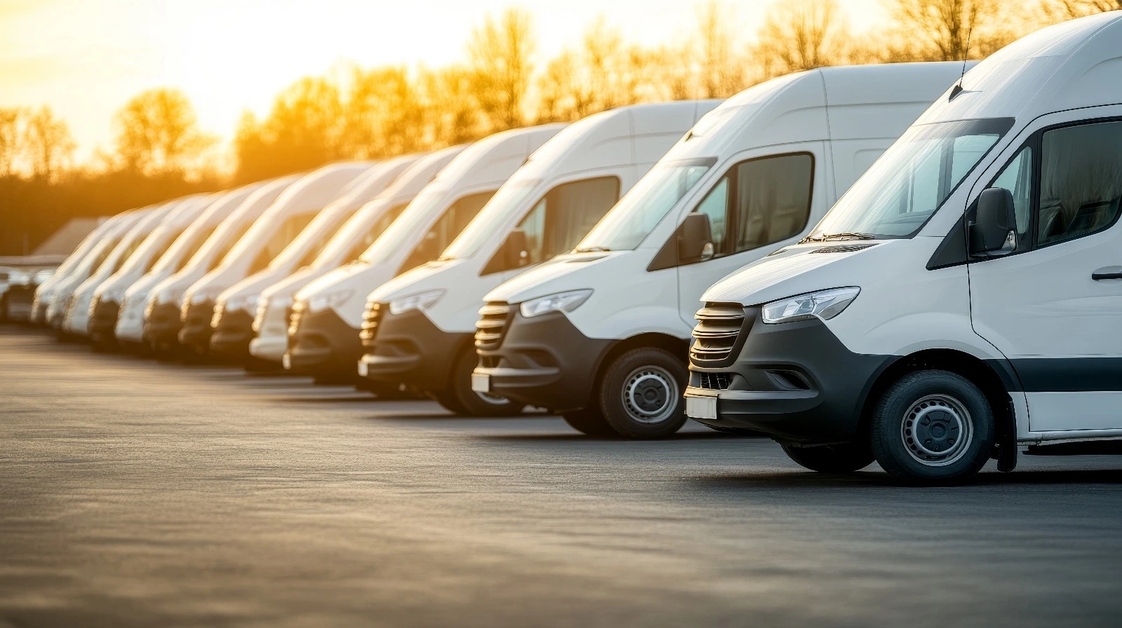 A fleet of white vans parked at a UK logistics depot, representing operators affected by the July 2026 tachograph change