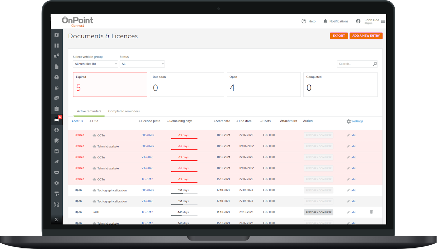 Fleet management document licensing and compliance tracking interface showing automated document expiry alerts, digital record keeping, and regulatory compliance monitoring