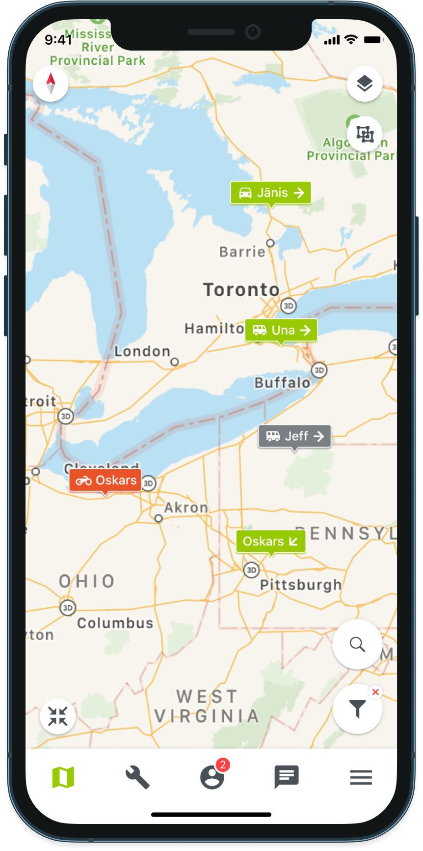 OnPoint Connect mobile app advanced features showing route planning, vehicle inspections and performance analytics