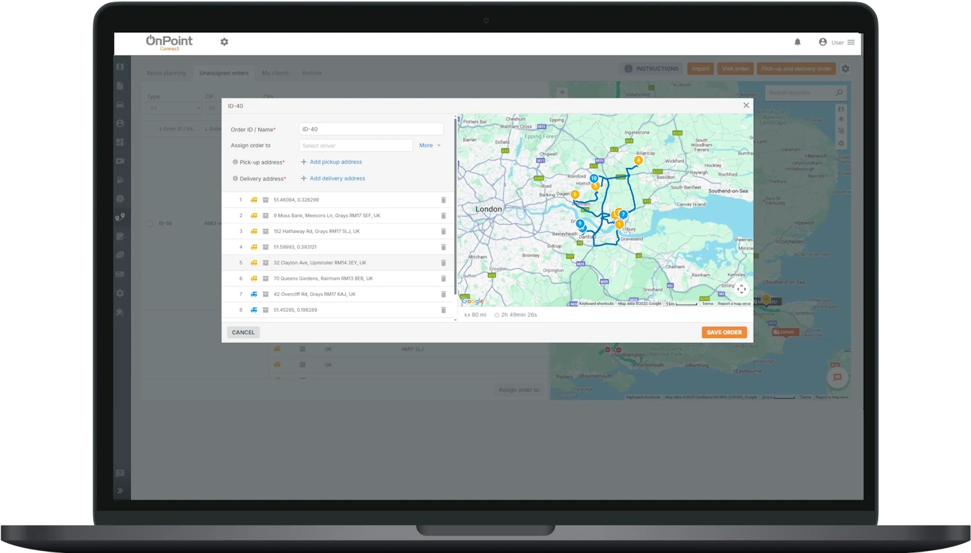 Route optimization dashboard showing efficient delivery routes and real-time traffic data